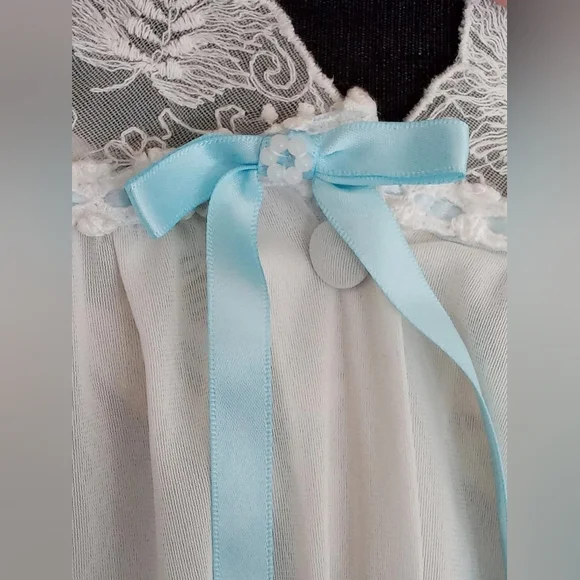 Vanity Fair 60s Vintage Babydoll Nightgown Lace Blue Bow. Made In USA. Excellent - Picture 5 of 12